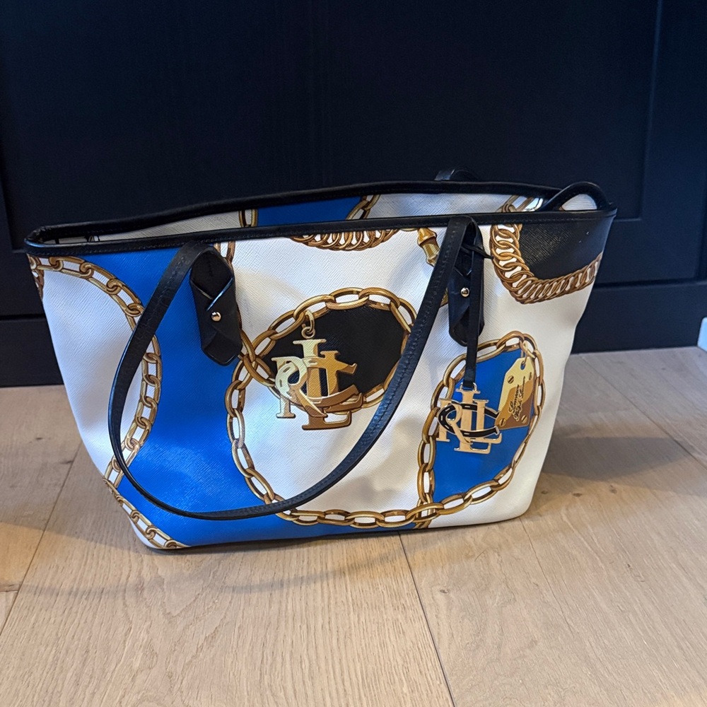 Ralph Lauren Black, Blue, and White Tote with Gold Accents